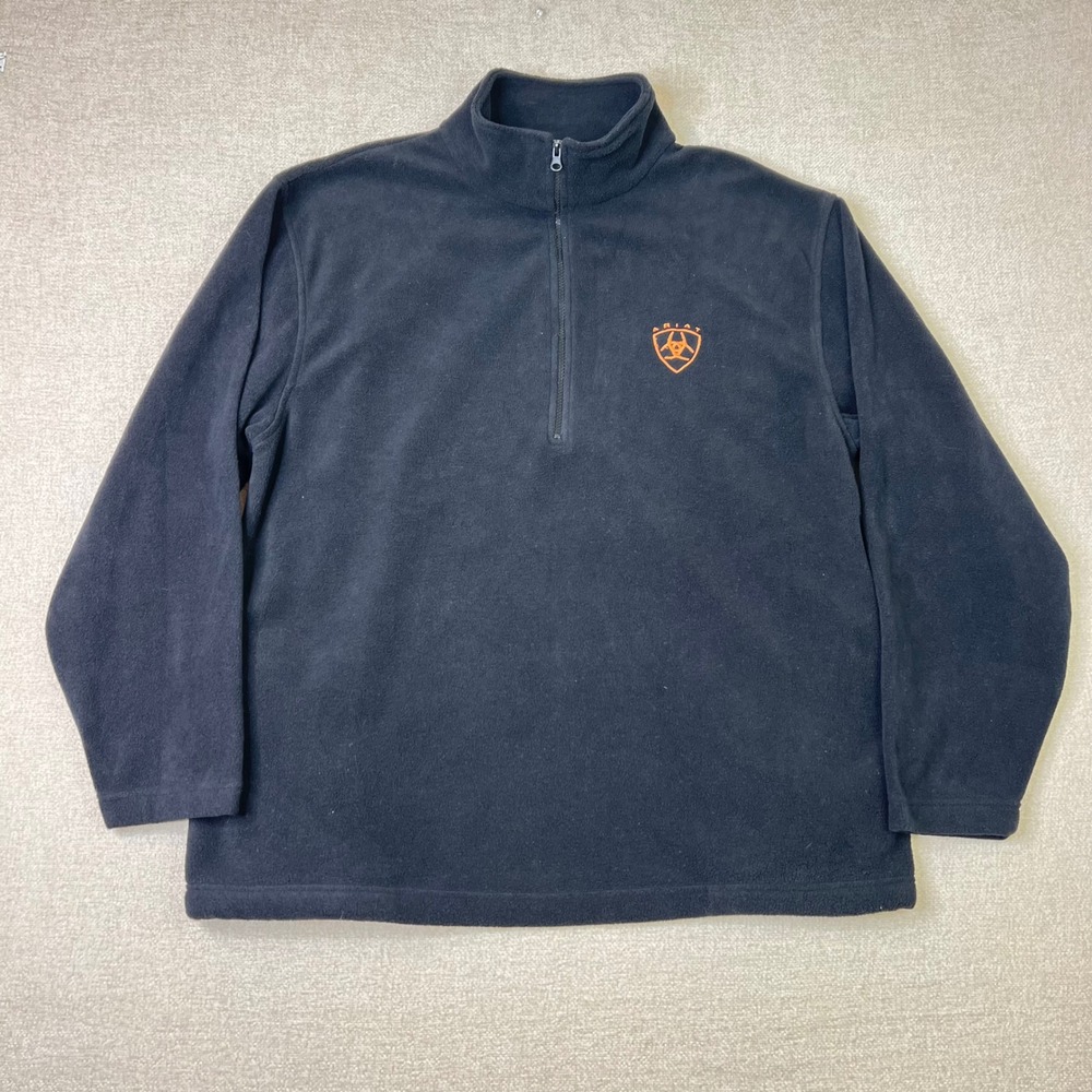 Ariat Mens XXL Black Fleece Quarter Zip Pullover Jacket Orange Logo Mock Neck